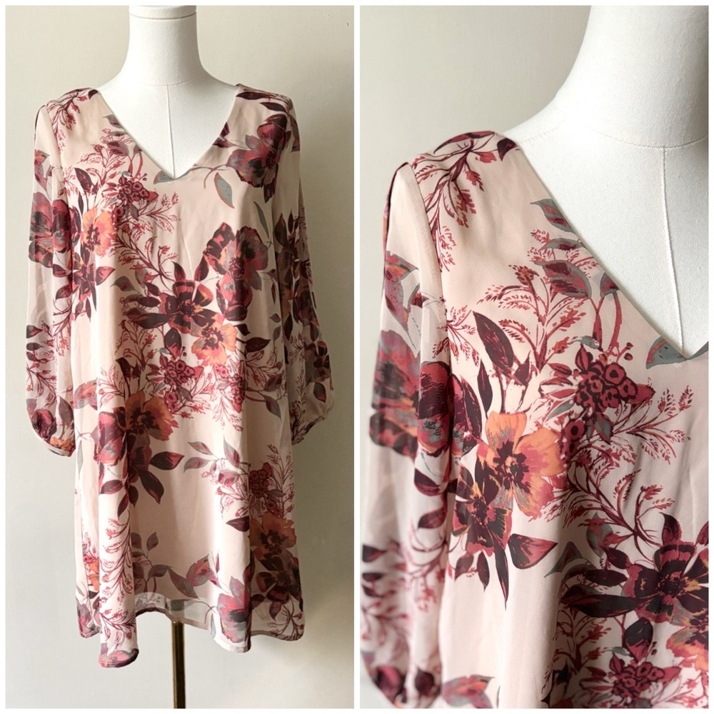 Lulus Earth Tone “Shifting Dears” Floral Feminine Bohemian Shift Dress NWT‎